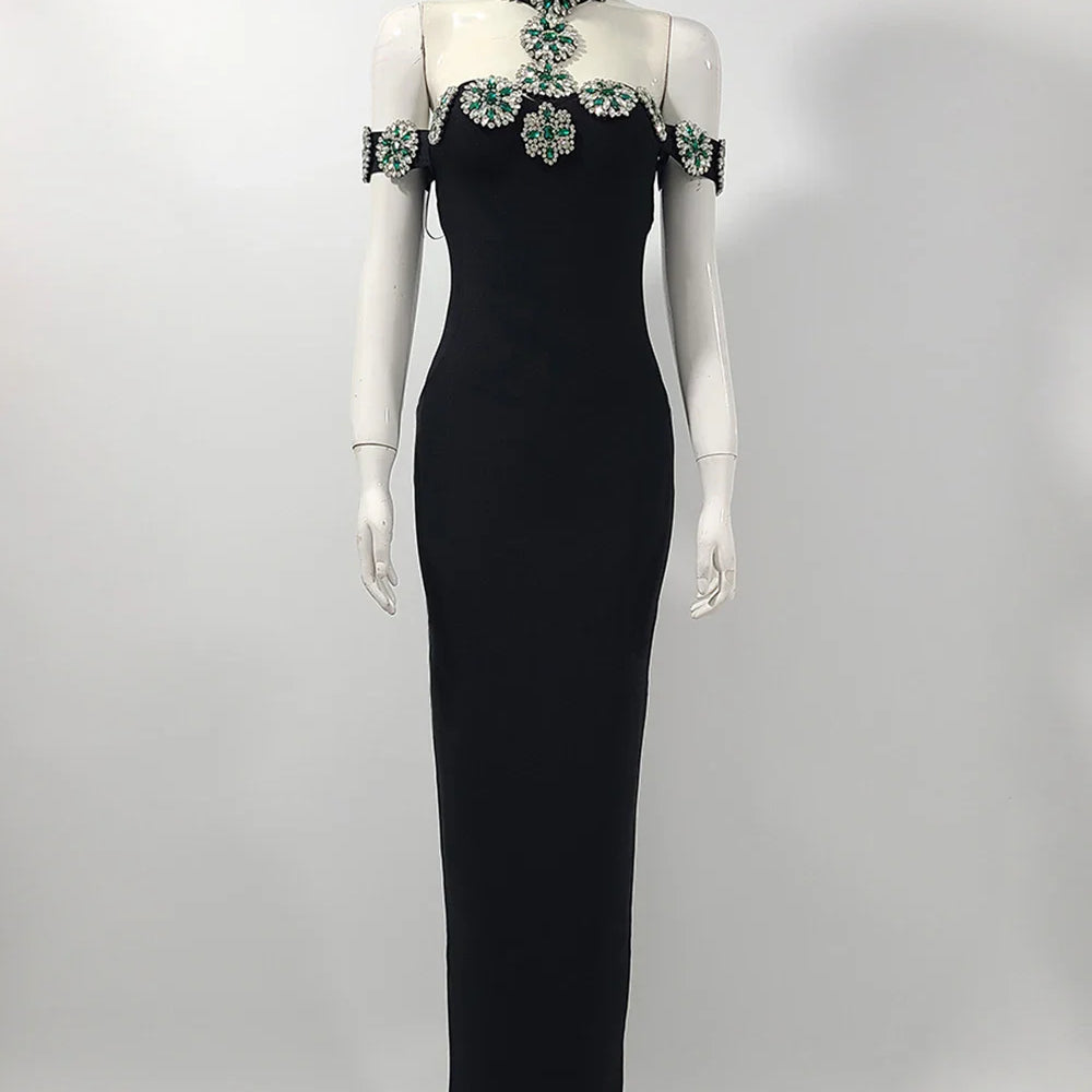 2025 Sexy Women Light Luxury Nail Bead Bandage Dress Hanging Neck Shoulder Short Sleeve Bodycon Long Dress Evening Party Vestido black