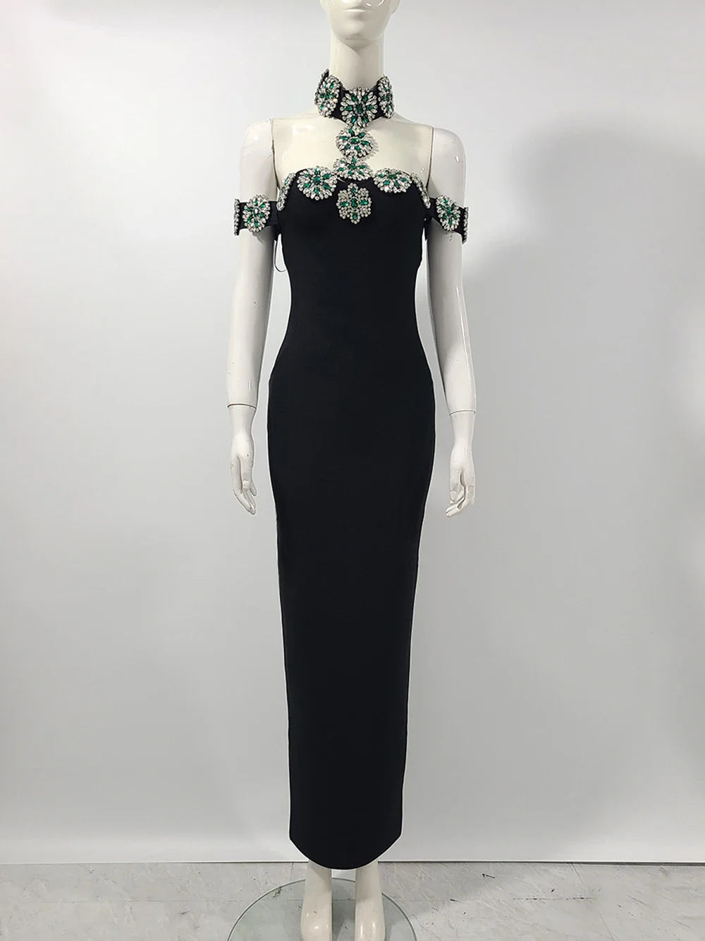 2025 Sexy Women Light Luxury Nail Bead Bandage Dress Hanging Neck Shoulder Short Sleeve Bodycon Long Dress Evening Party Vestido black