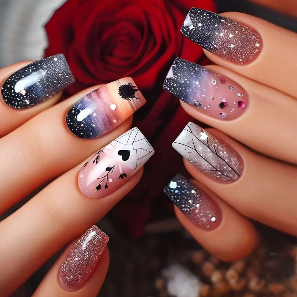 24Pcs Fake Nails with Colorful Starry Sky Square Press on Nails Full Cover Dreamy Star Moon Meteor Girl Detachable Nail Tips Art 4
