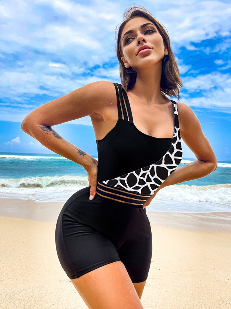 Vintage One-Piece Swimsuit Solid Patchwork Monokin