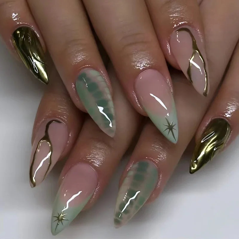 24Pcs 3D Fake Nail Long Almond False Nails with Flower Leopard Print Design Stiletto Detachable Nail Art Tips Press on Nails 1719