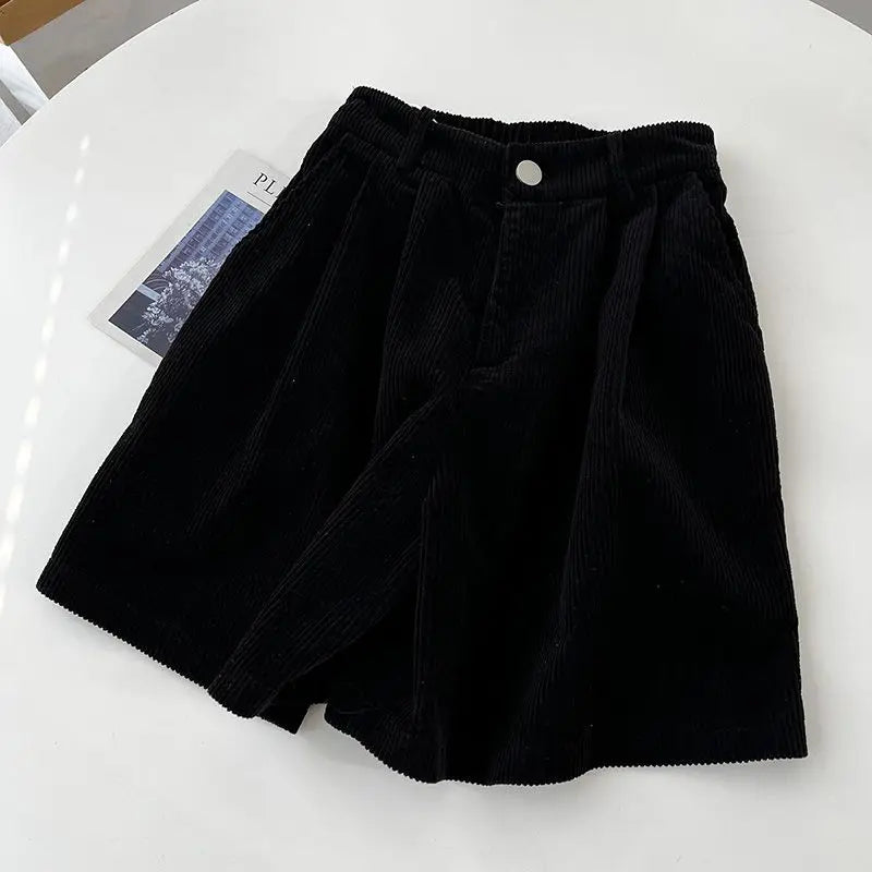 2023 Autumn/Winter Oversized Fat mm Corduroy Shorts Women's High Waist Outwear Slim A-line Casual Wide Leg Trousers black