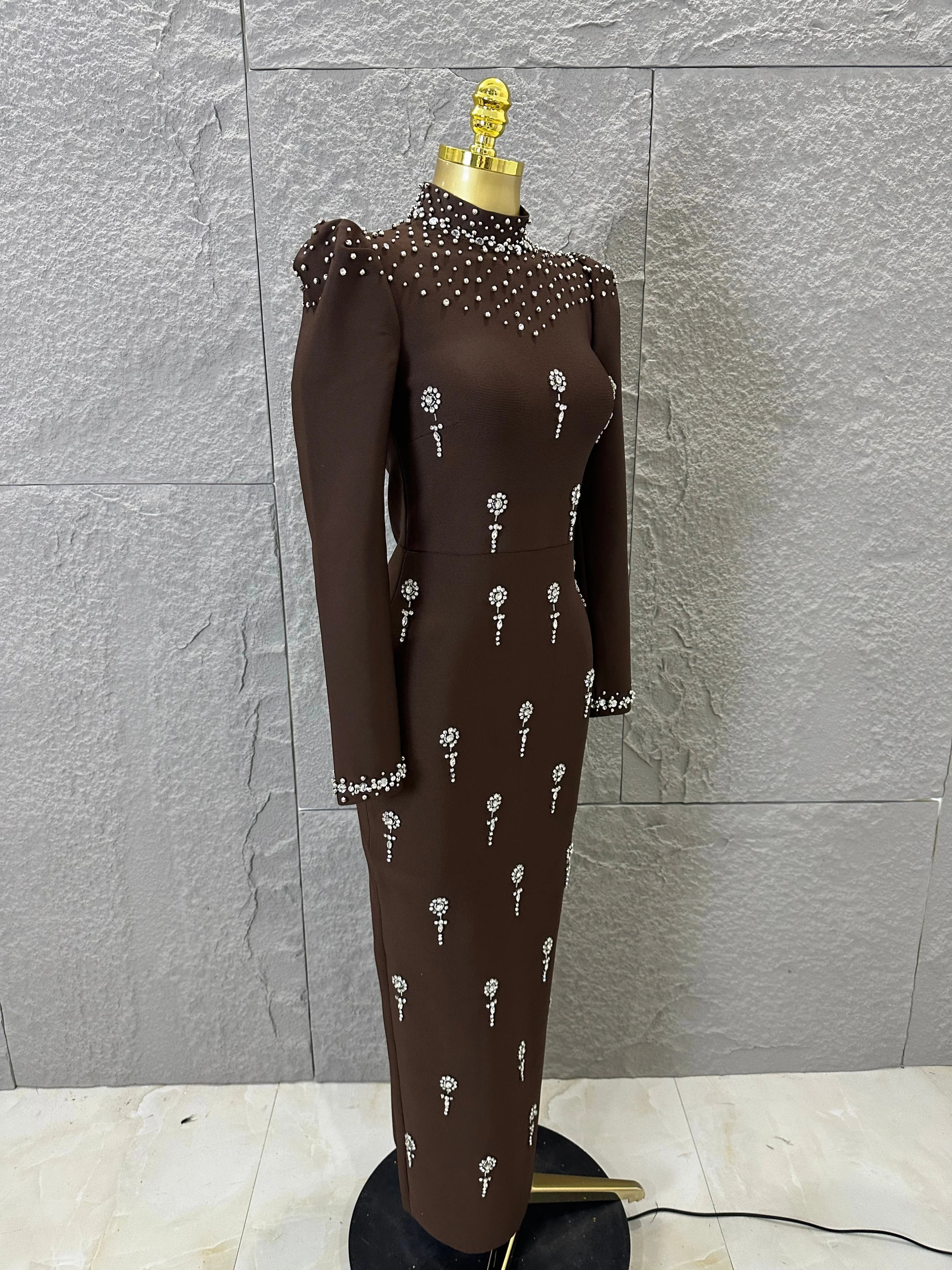 Sophisticated Brown High Neck Maxi Dress Women Sexy Long Sleeve Crystal Pearl Embellished Bodycon Outfit Cocktail Party Costume