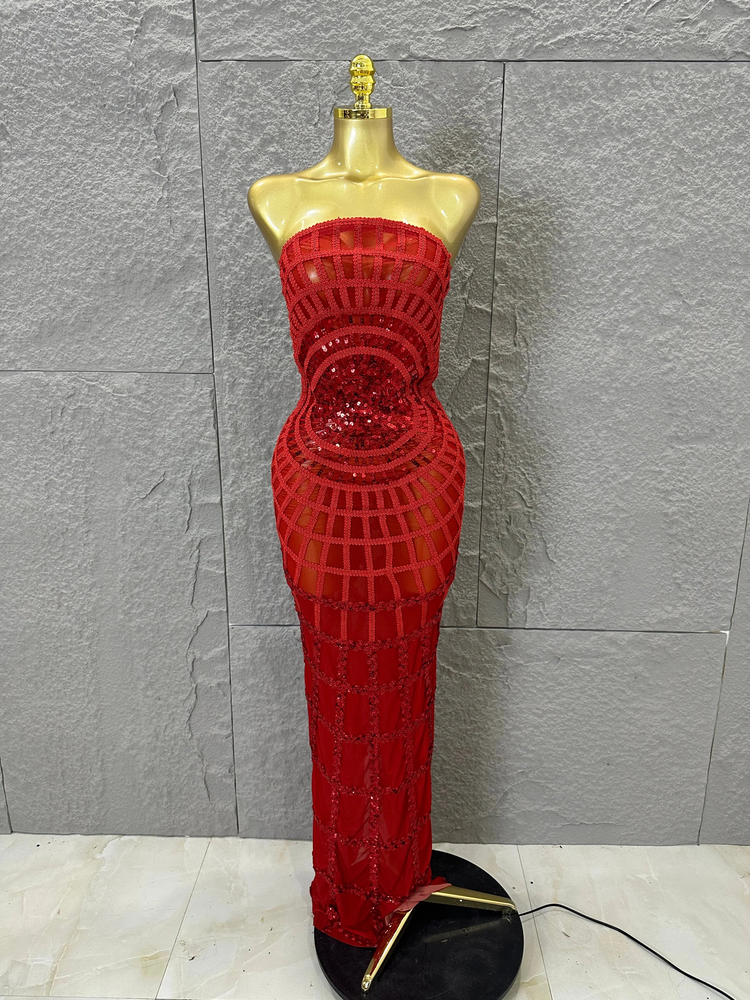 Elegant Sequined Sheer Mesh Maxi Dress Women Sexy Strapless 3D Grid Embellished Bodycon Mermaid Outfit Stage Performance Costume Red