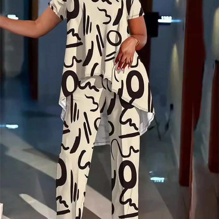 Wmstar Women Plus Size Two Piece Set 5XL Summer Casual Print T Shirt Wide Leg Pants Female Outfits Wholesale Dropshipping 2024 apricot