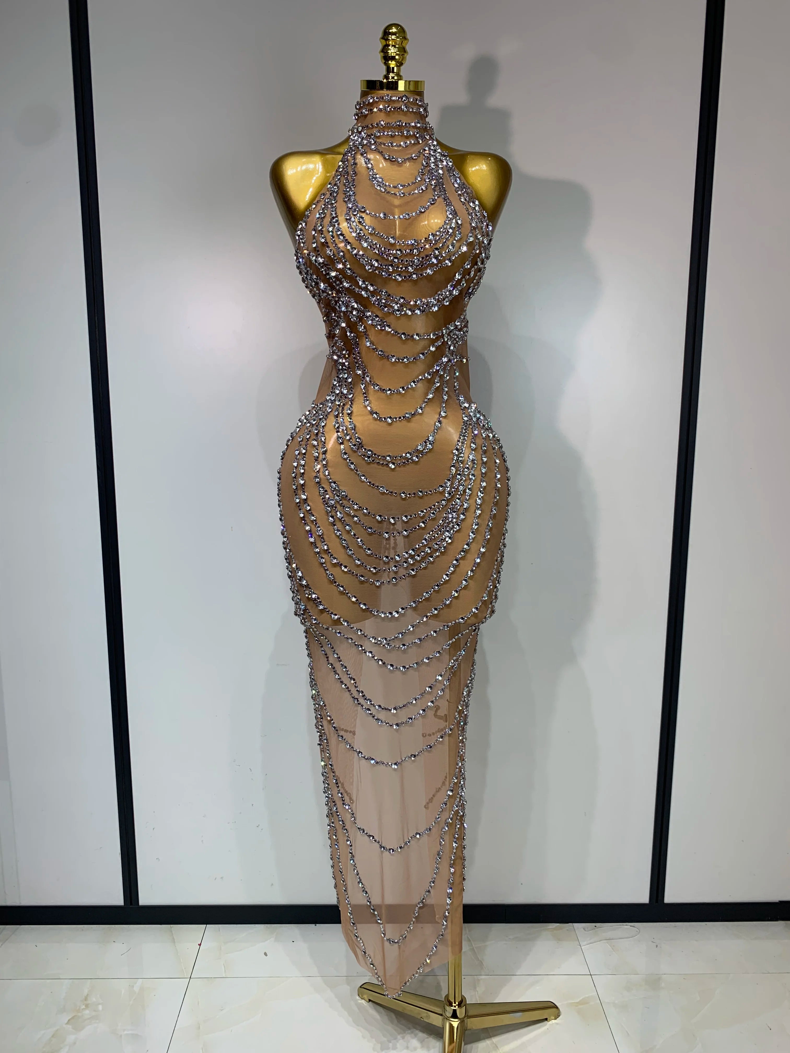Luxury Rhinestone Sparkly Sexy Transparent Mesh Long Dress 2025 Women Birthday Party Gown Stage Singer Performance Costume Silver