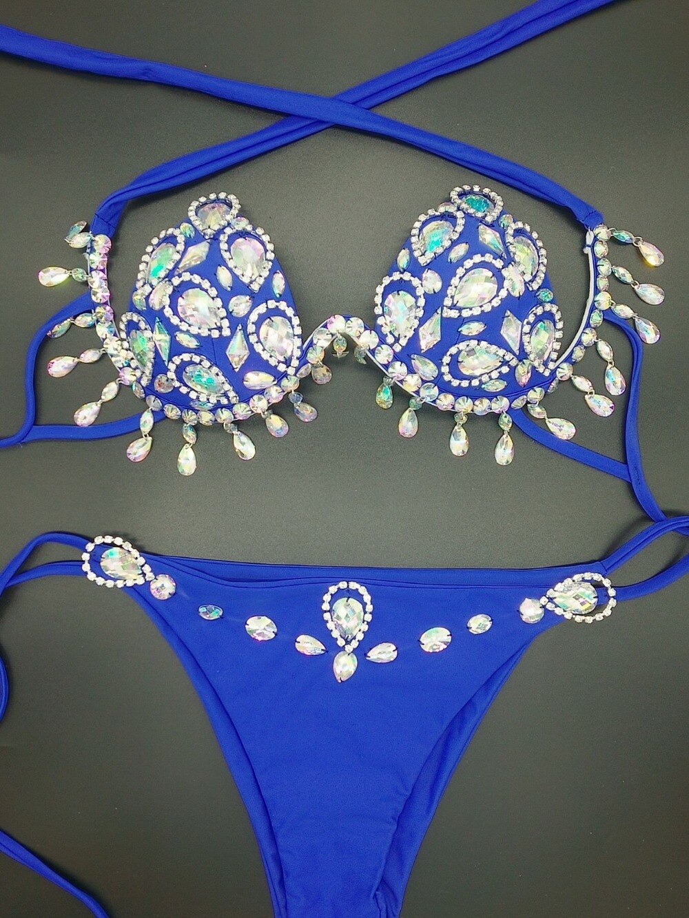Sexy Women's Gathered Swimsuit Push Up Rhinestone Triangle Bikini Luxury Crystal Diamond Girls Swimwear Blue