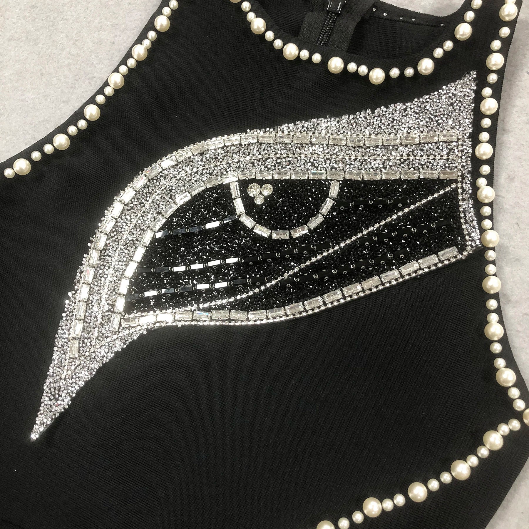 Big Eyes And Red Lips Patterned Diamonds High Slit Black Long Dress Woman Birthday Party Vestido Celebrity Party Outfit