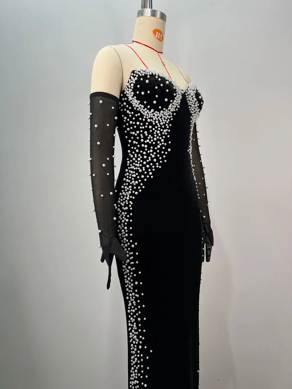 2025 Women Light Luxury Beaded Velvet Dress+Thin Gauntlet Gloves Fashion Bodycon Bareback Sexy Long Dress Evening Party Vestidos