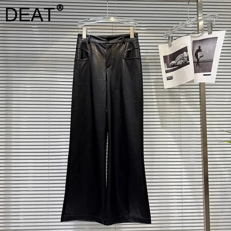 Winter New Fashion Three-Dimensional Solid Color PU Leather Casual Pants For Women High Waist Wide-Leg Pant 11A07679