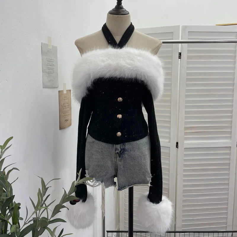 Spring New Detachable Fur Collar Lace-Up Halter Neck Off-Shoulder Knit Sweater For Women Slim Fit Short Top 11A07918 Black One Size