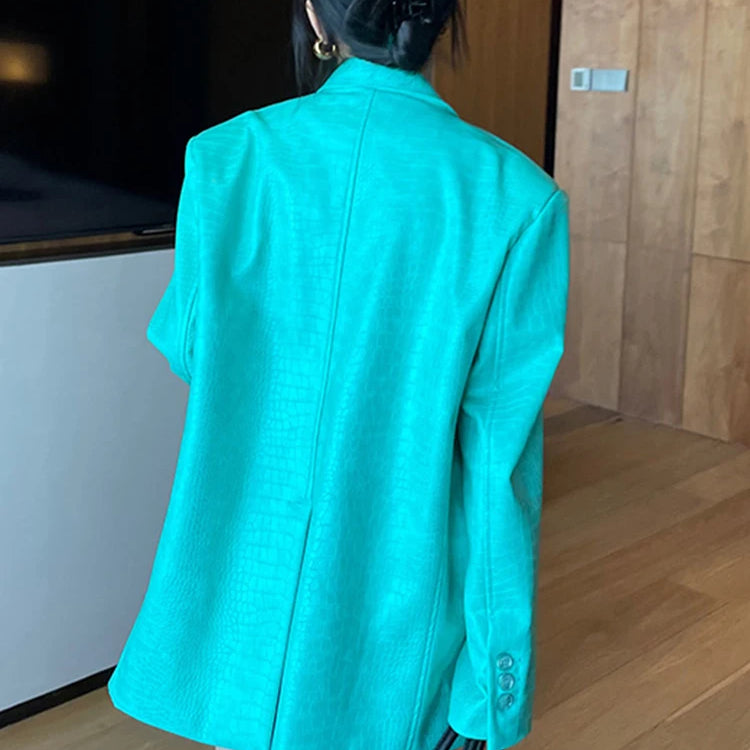 LautaroSpring Autumn Loose Casual Crocodile Print Faux Leather Blazer Jacket for Women Double Breasted Luxury Korean Fashion
