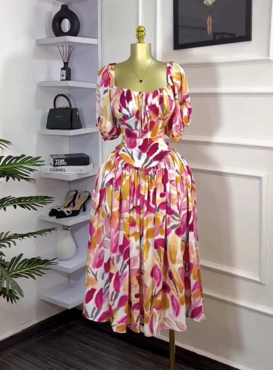 Women Tulip Foral Printed Lantern Short Sleeve Big Swing High Waist Dress 2025 Chic Birthday Party Vestidos Sexy Dresses