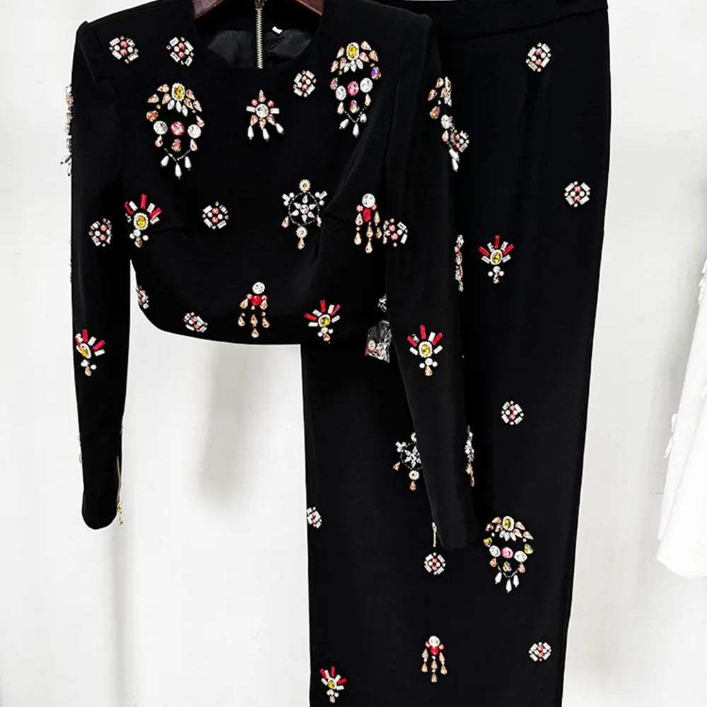 2024 New Elegant Women's Light Luxury Nail Bead Short Skirt Set O-neck Long Sleeve Ultra Short Top+Mini Skirt Two piece Set Black Long