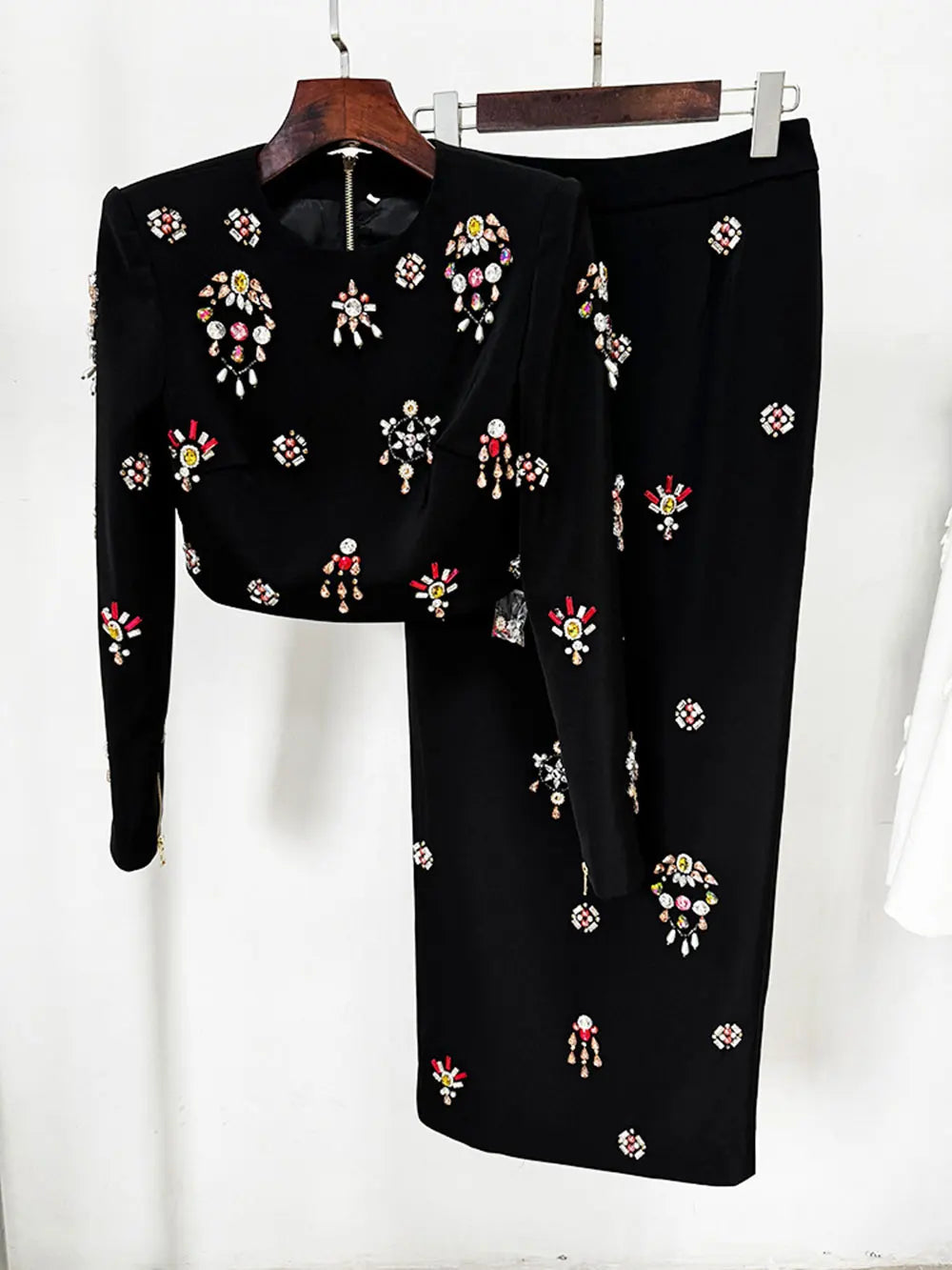 2024 New Elegant Women's Light Luxury Nail Bead Short Skirt Set O-neck Long Sleeve Ultra Short Top+Mini Skirt Two piece Set Black Long