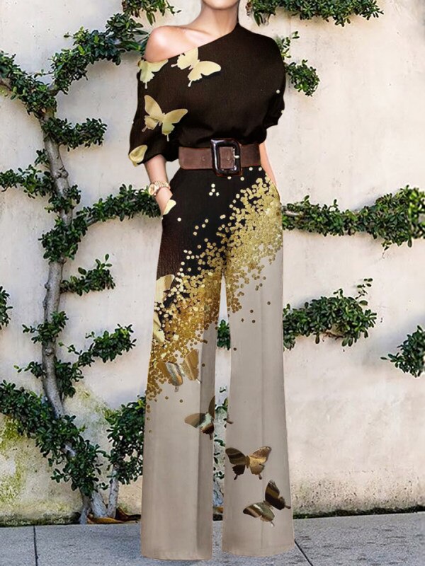 Print Jumpsuit Women Autumn and Spring 2024 New Fashion Long Sleeve Lapel Loose Casual Elegance Green Jumpsuits Print 1 (No Belt)
