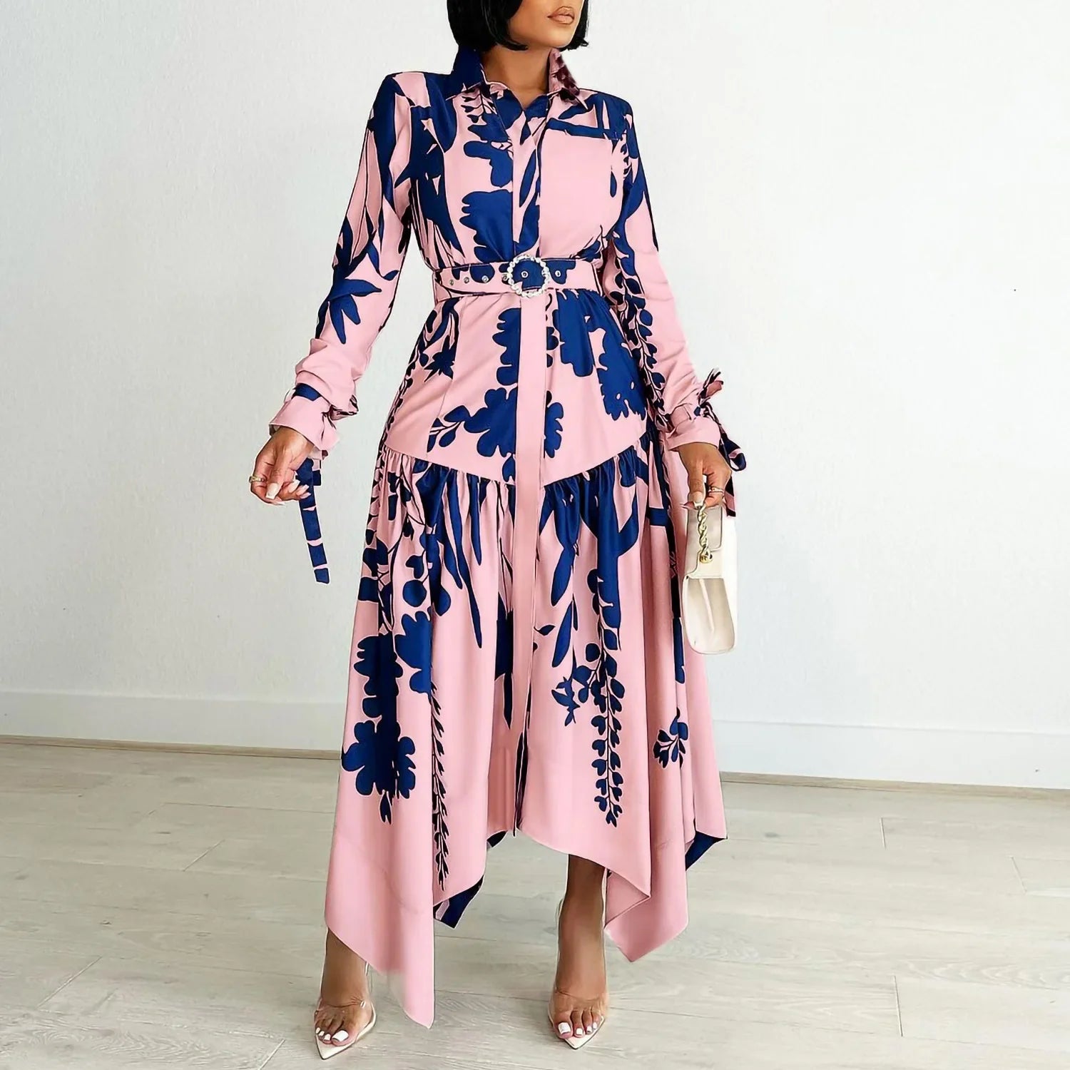 Spring Casual Printed Irregular Maxi Dress Women Printing Button Party Evening Holidays Long Dress with Belt Women Pink