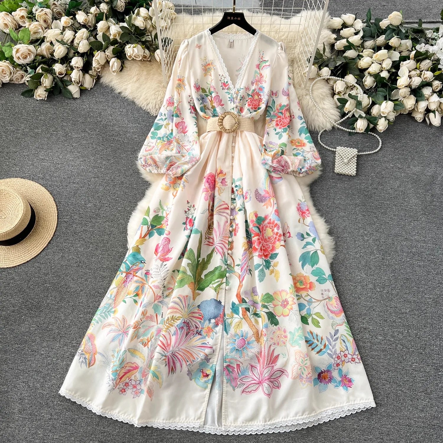 Summer Holiday Flower Robe Dress Women Lace Splicing V-Neck Long Lantern Sleeve Sashes Floral Print Maxi Vestidos Clothes 6272 as picture