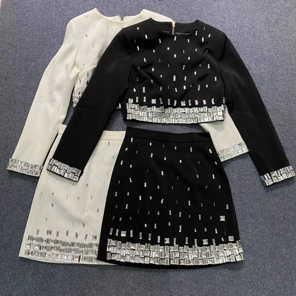 2025 Women's Wear Heavy Industry Beaded Design Mini Skirt Sets Standing Neck Long sleeved Short Top+Short Skirt Two piece Set