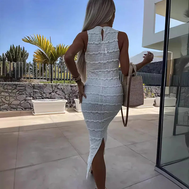 Sexy Jacquard Bodycon Wrap Dresses Chic Women Sleeveless O-neck Temperament Party Dress New Elegant Solid Split Long Dress 2024