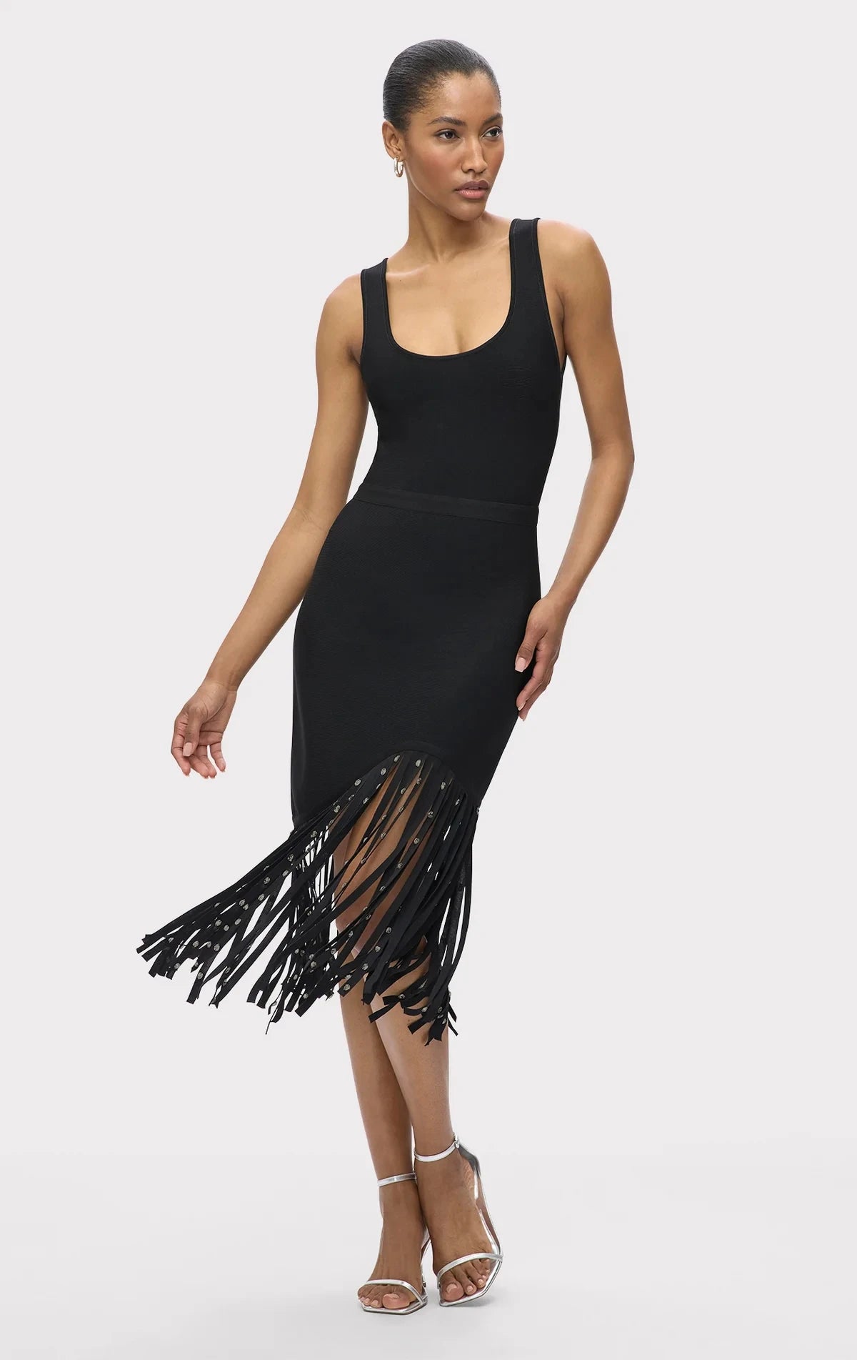 Top Quality Women Sleeveless Sexy O-Neck Shinning Crystal Tassel Bodycon Mid-calf Dress Fashion Celebrate Evening Party Outfit black