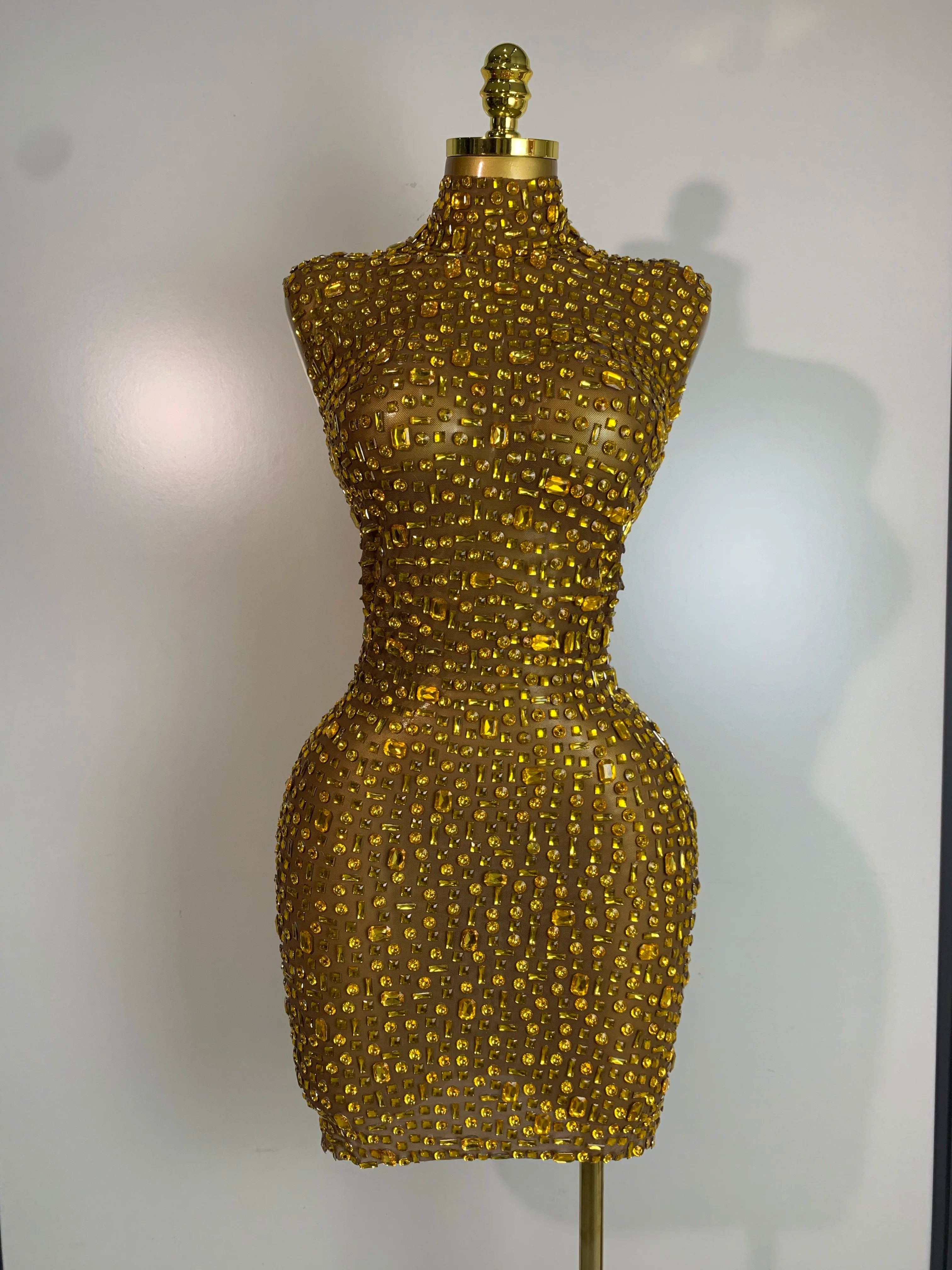 Women Luxury Gold Rhinestone Sexy Mesh Short Dress Sparkly Stage Costume Elegant Party Birthday Dresses Nightclub Singer Outf Gold