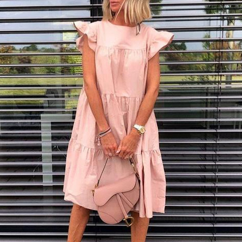 Sundress Elegant Casual Party Beach Vintage Swing Midi Dress Pink
