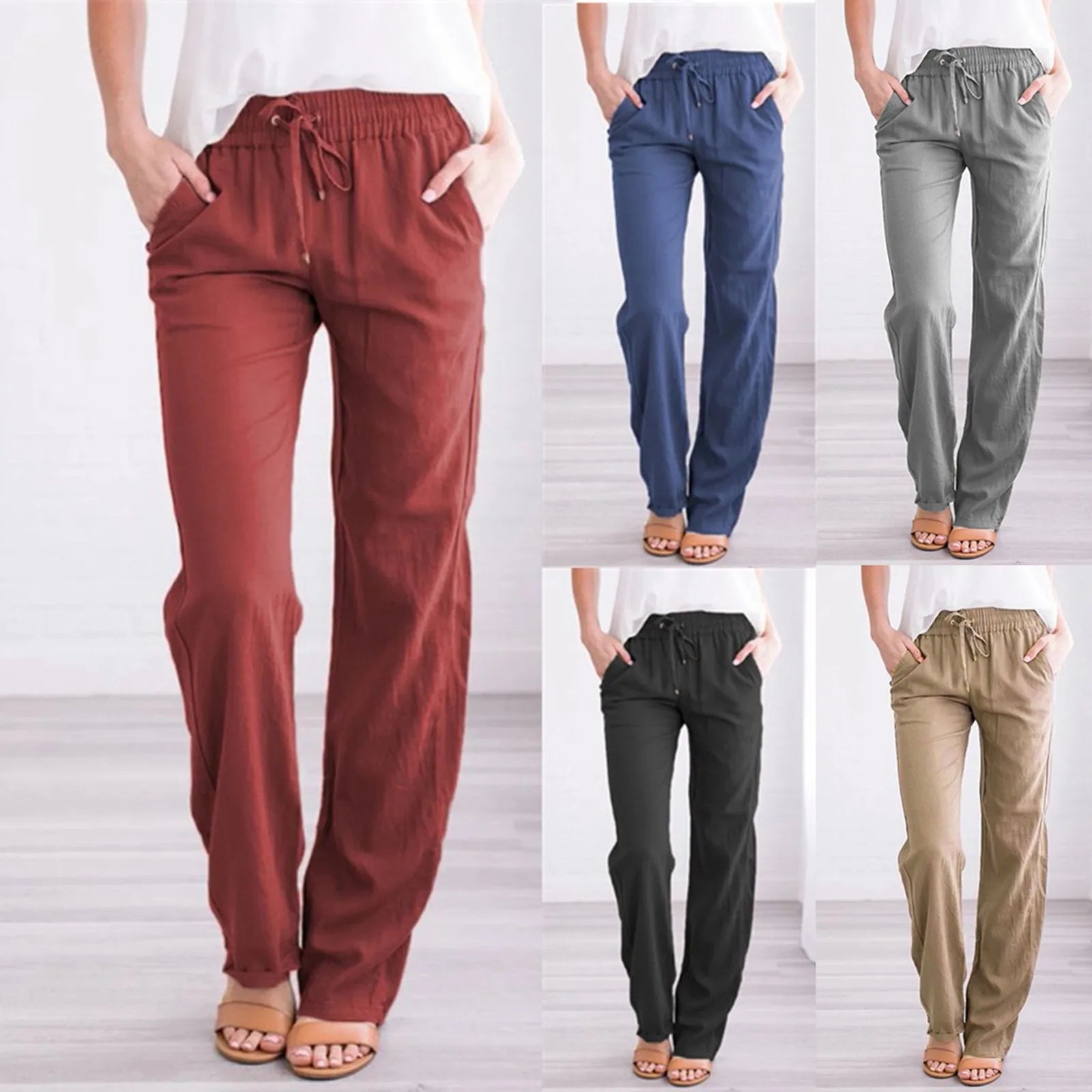 Solid Casual Straight Pants Elastic Waist Drawstring Long Pants Loose Daily Versatile Women Pants Retro Women Casual Trousers
