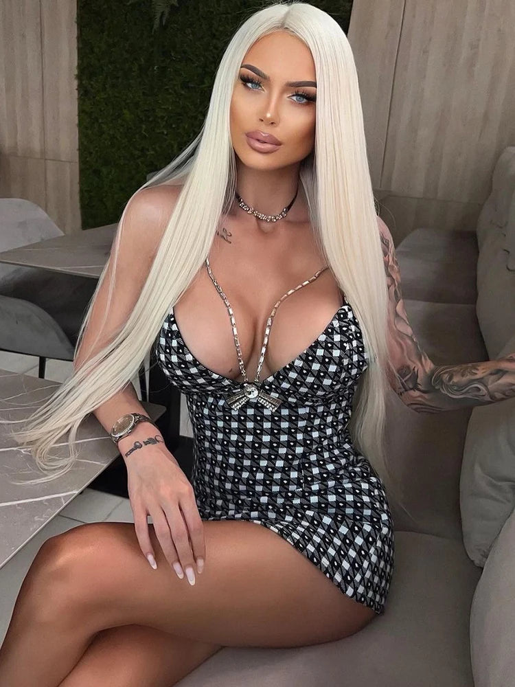 Vintage Houndstooth Dress For Women Sexy V Neck Crystal Chain Spaghetti Straps Bow Tie Bodycon Bandage Mini Dresses