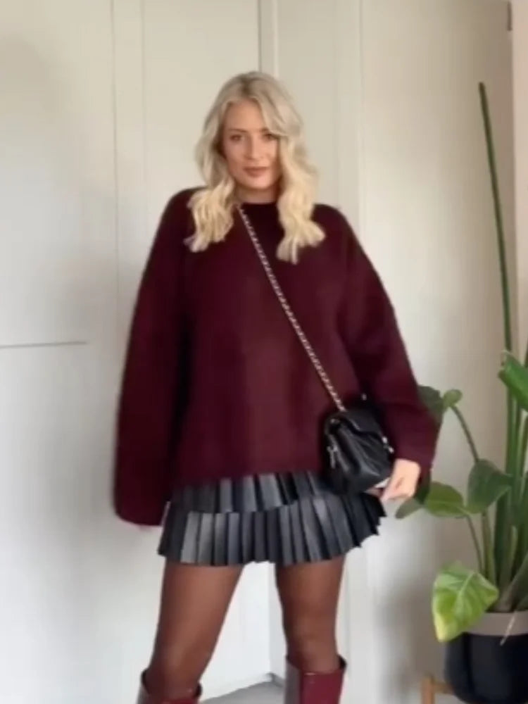 Autumn Knitted Fuchsia Solid Color Woman Elegant Pullover Sweater Fashion Loose O Neck Long Sleeve Sweaters New Daily Tops