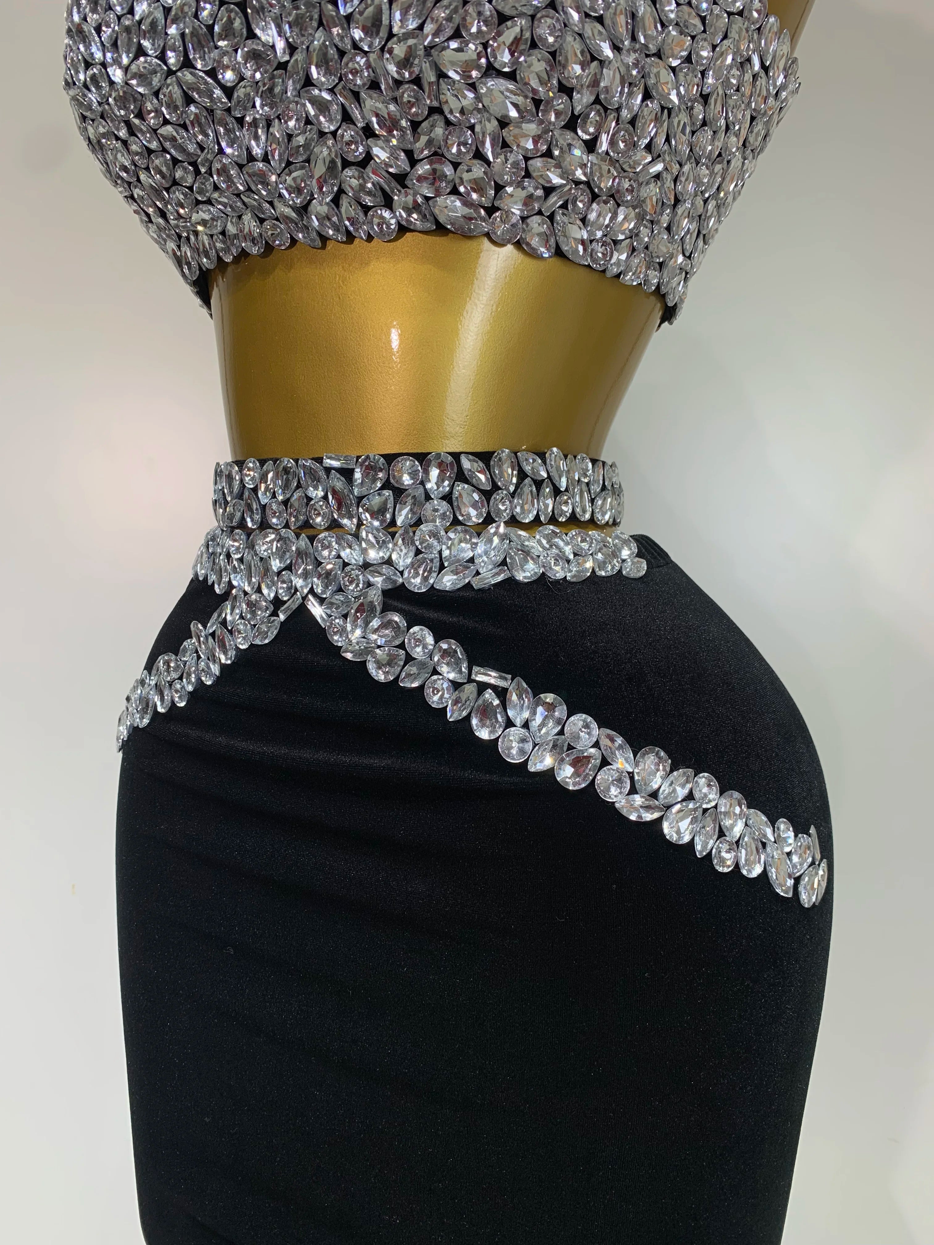 Sparkly Crystal Bodycon Long Dress 2025 Women Sexy Crop Top 2 Pieces Set Nightclub Elegant Party Performance Stage Costume