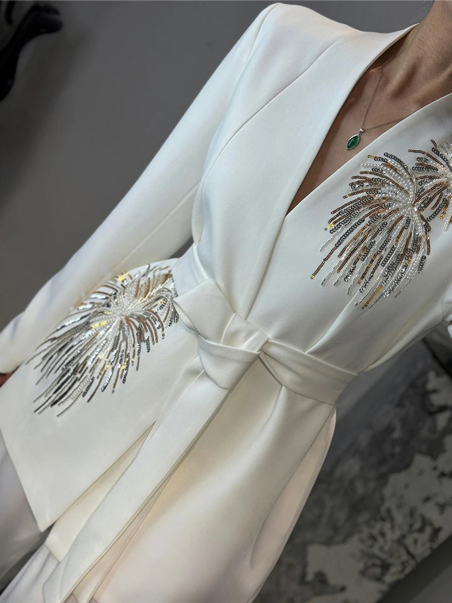 Solid Slimming Two Piece Sets for Women V Neck Long Sleeves Patchwork Sequins Top High Waist Pant Fashionset Female