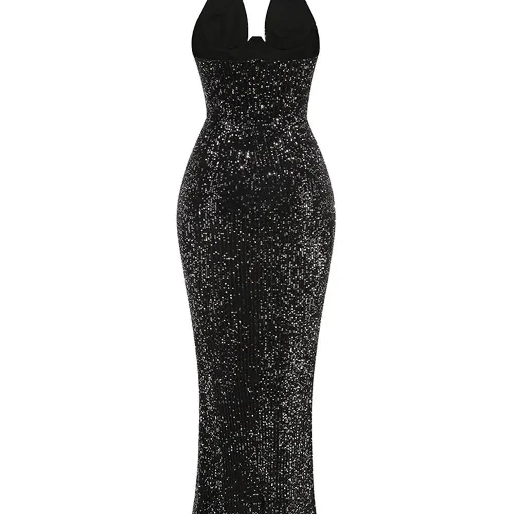 2024 Sexy Women's Maxi Red Sparkle Dress with Hanging Neck Sleeveless Bodycon Backless Long Dresses Evening Club Party Vestidos black