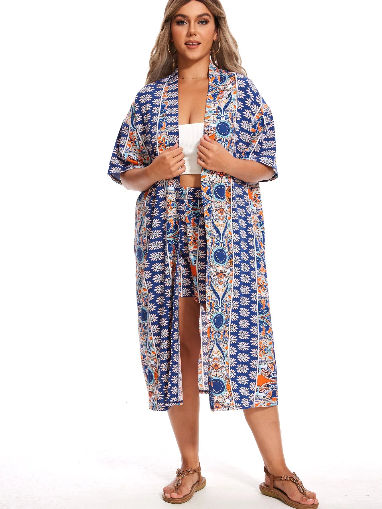 Plus Size Print Two-piece Set, Short Sleeve Open Front Kimono & Elastic Waist Shorts Outfits, Women's Plus Size Clothing
