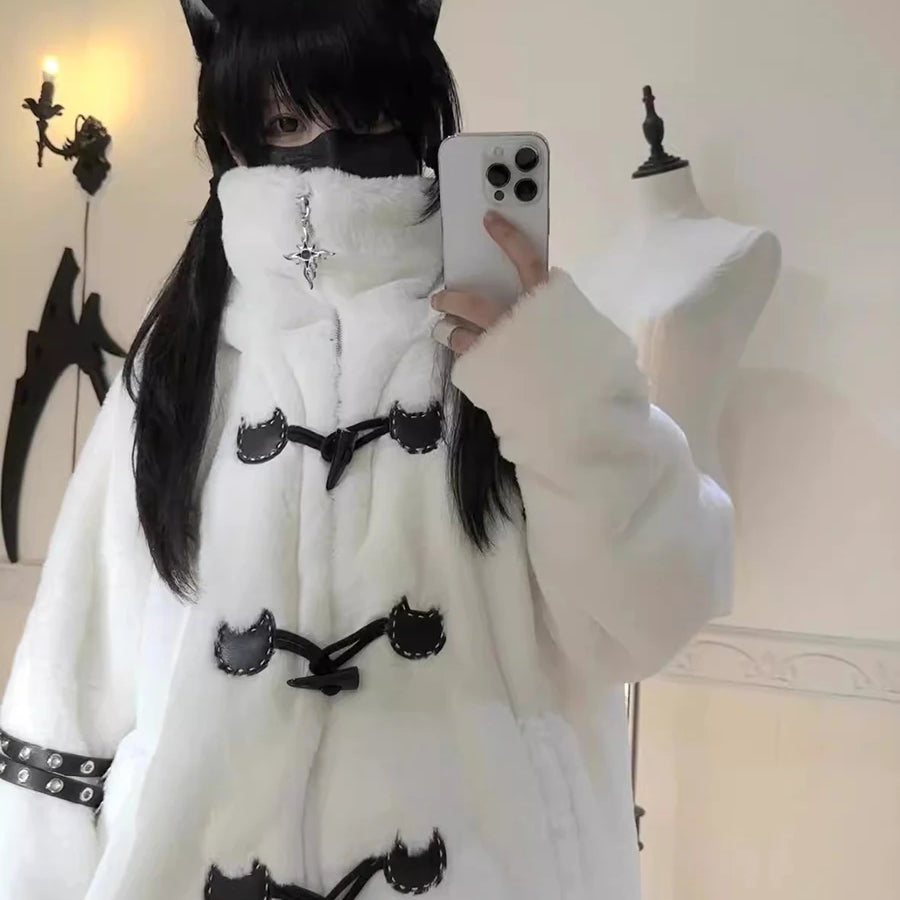 Lautaro Autumn Winter Oversized Soft Thick Warm White Faux Fur Hoodie Women with Bear Ears Horn Buttons Punk Style Fluffy Jacket