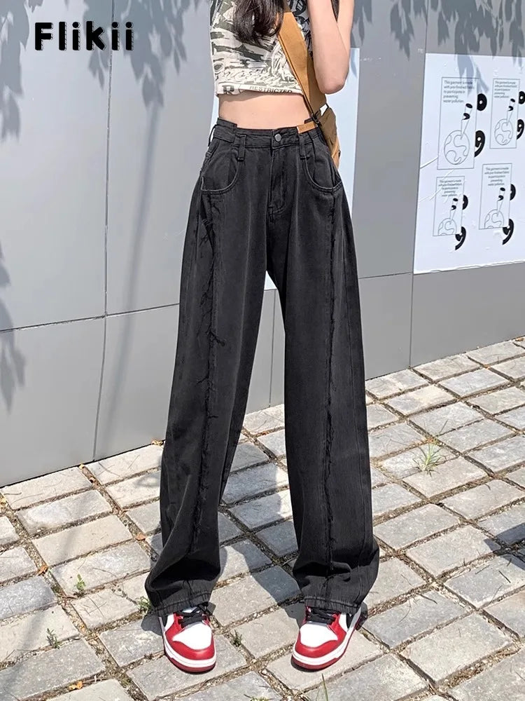 American Retro High Waist Straight Pockets Jeans Hip-hop Pants Spring Women's Grunge Streetwear Casual Y2K Denim Trouser