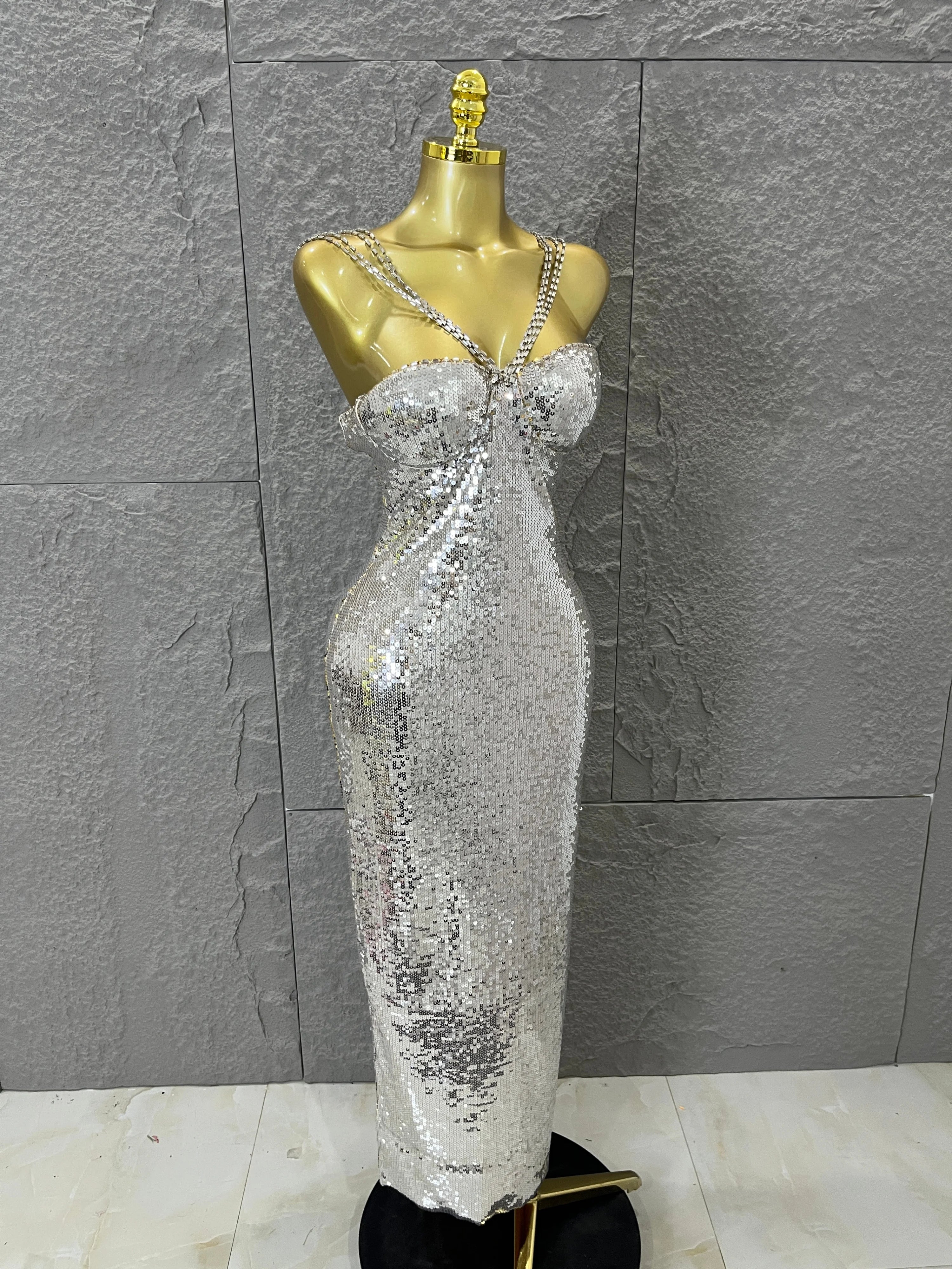 Classic Gold Sequin Mermaid Dress Rhinestone Chain Shoulder Straps Sweetheart Neck Formal Evening Gala Photoshoot Cocktail Party