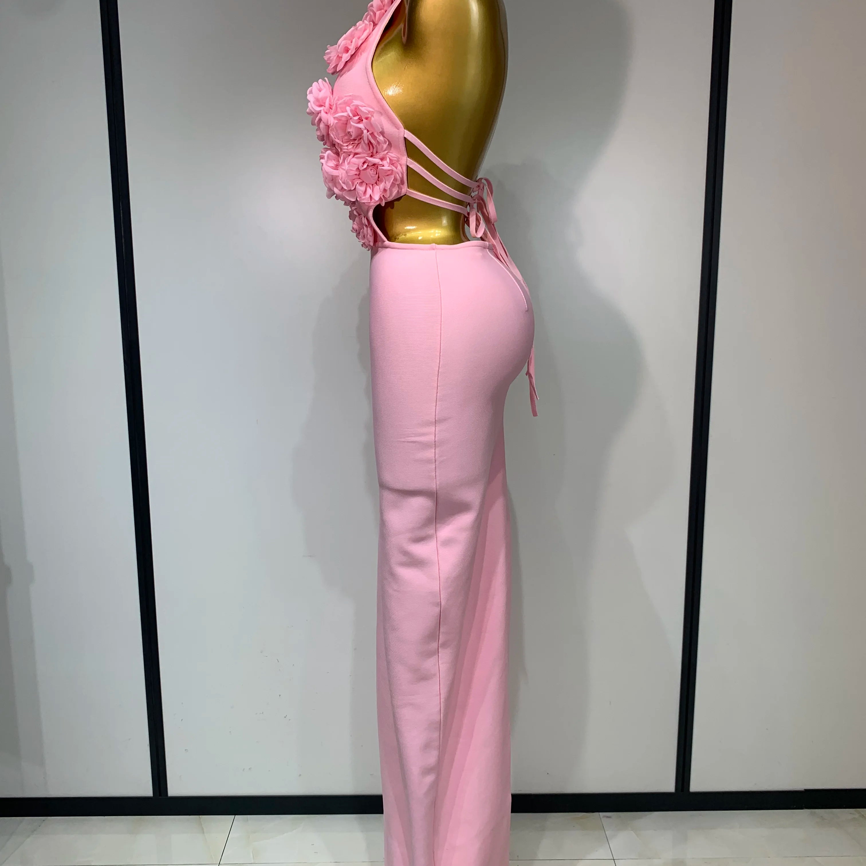 Luxury Birthday Dress Women Celebrity Sexy Halter Backless Flower Long Bandage Bodycon Dress 2025 Elegant Evening Party Outfit 