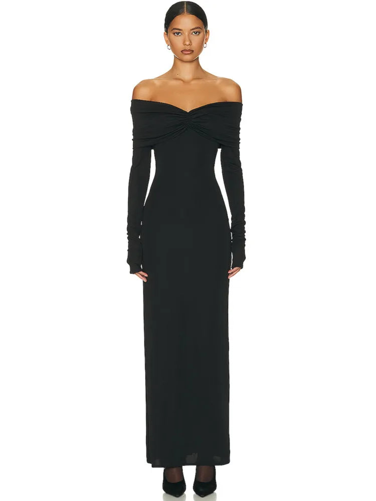 Luxury Women Celebrity Sexy Off Shoulder Long Sleeve White Black Maxi Long Bodycon Dress 2024 Elegant Evening Club Party Dress black