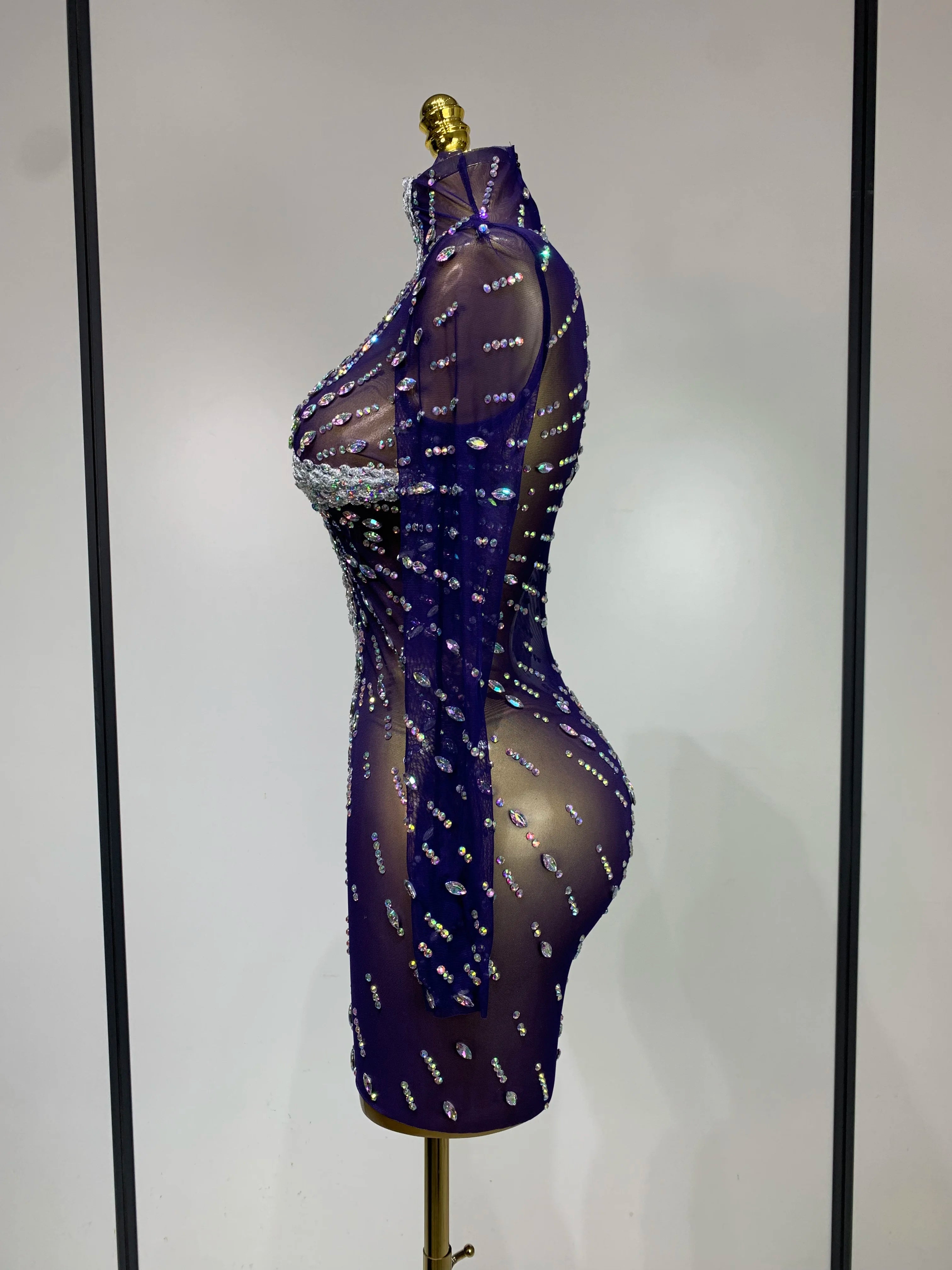 Sparkly Diamonds Mesh See Through Long Sleeves Mini Dress Women Eveing Birthday Party Sexy Nightclub Bar Singer Stage Costume