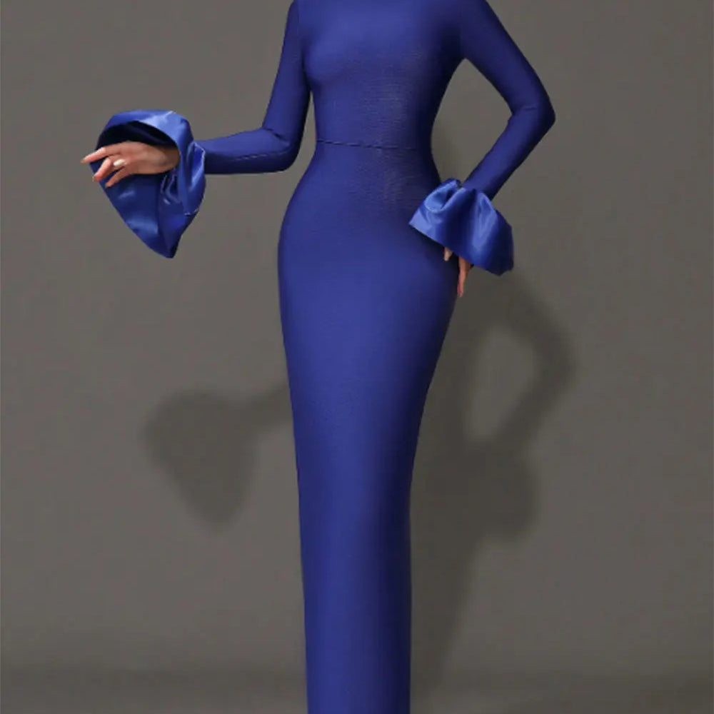 2024 Elegant Women's Black Maxi Dress Stand up Neck Flare Sleeves Bodycon Bandage Long Dresses Cocktail Evening Party Vestidos DEEP BLUE