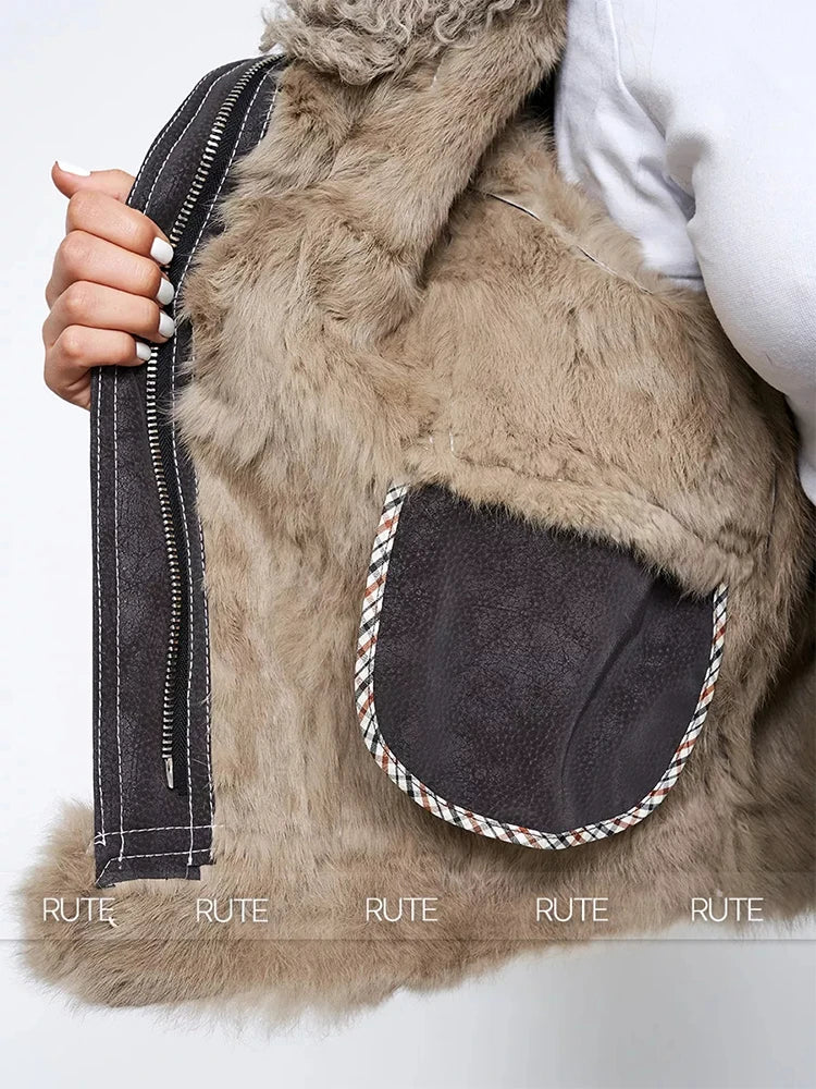 fur coat women winter 2024 Sheepskin Fabric Sheepskin O-Neck Rabbit fur lining Short jacket Fashionable luxury Women's clothing