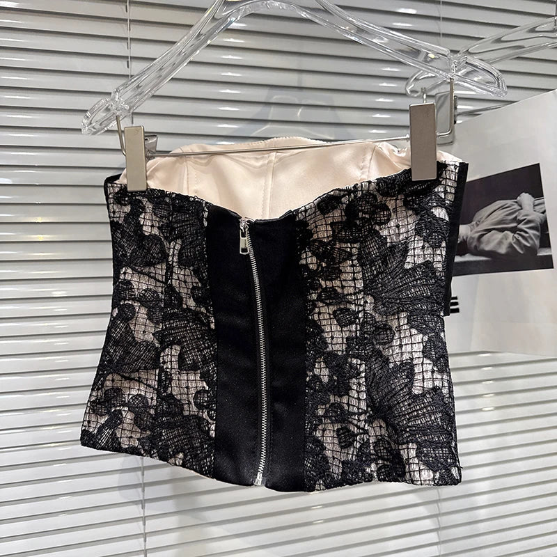 Winter New Fashion Bow Lace Patchwork Strapless Top For Women Ribbon Wrapped Hip Short Skirt Female Trend 11A07752