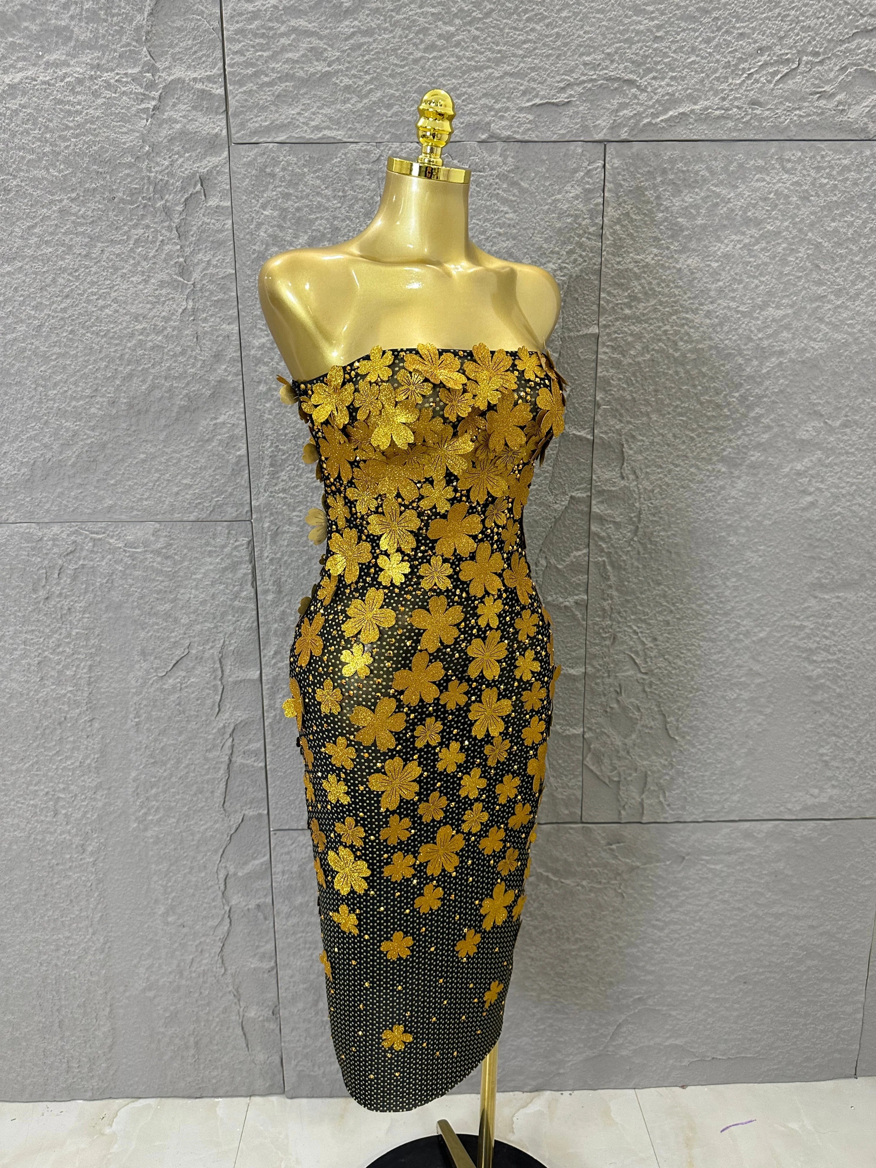 Sparkly Women Sexy Strapless Slim-fit 3D Flower Evening Gala Party Nightclub Cocktail Party Stage Performance Costume