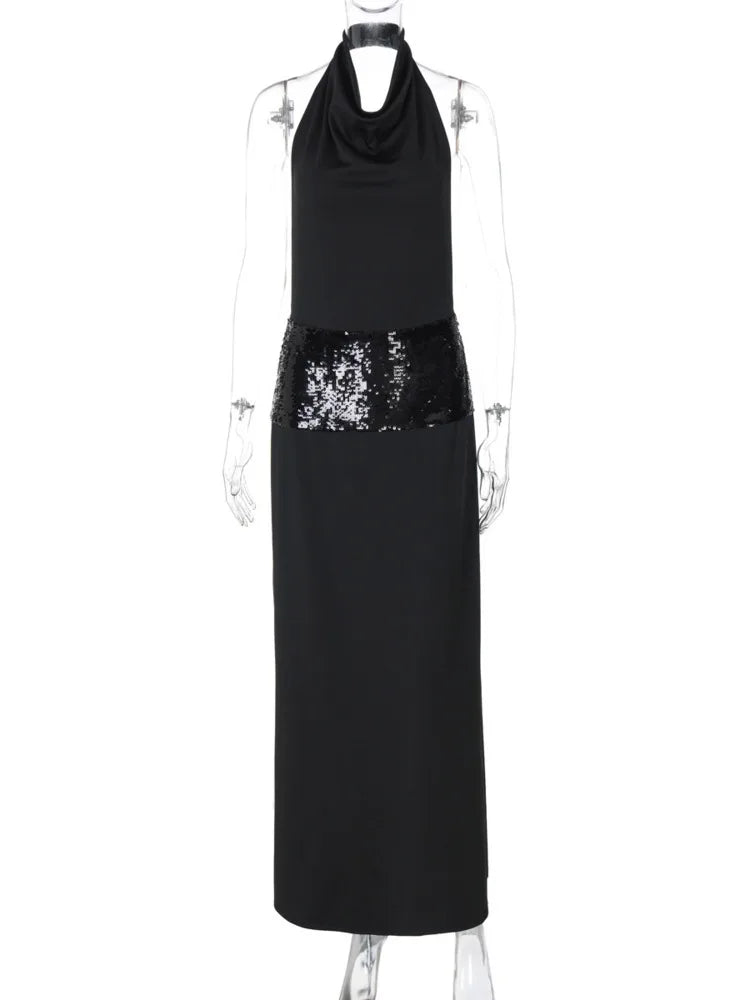 Black Halter Backless Sexy Maxi Dress For Women Gown Elegant Glitter High Waist O Neck Sleeveless Long Dress Elegant