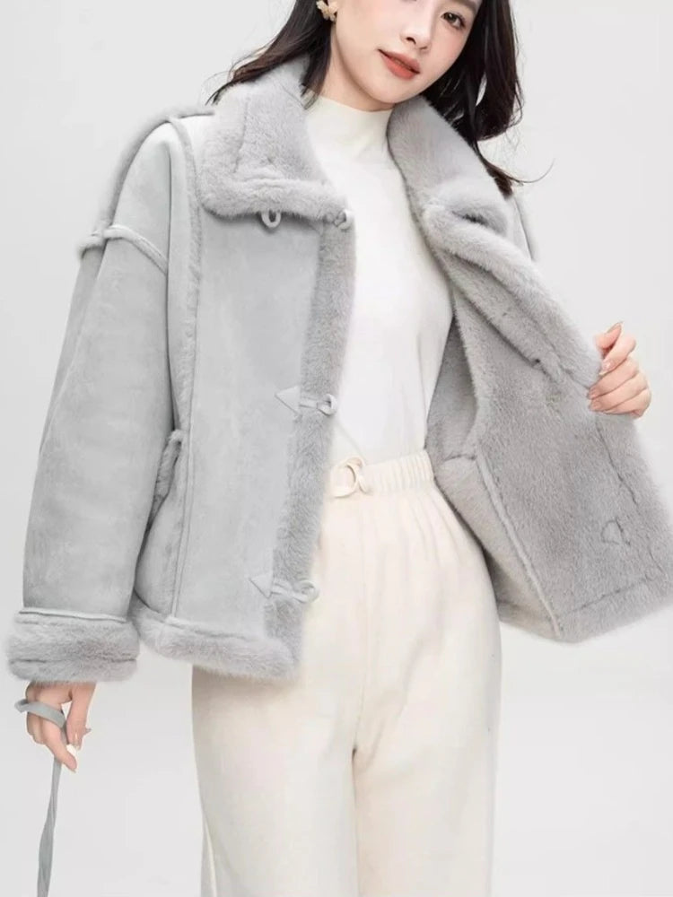 2025 Winter Fashion New Women's Simulated Fur Coat Thickened Imitation Fur Integrated Stand Collar Thickened Warm Coat Blue