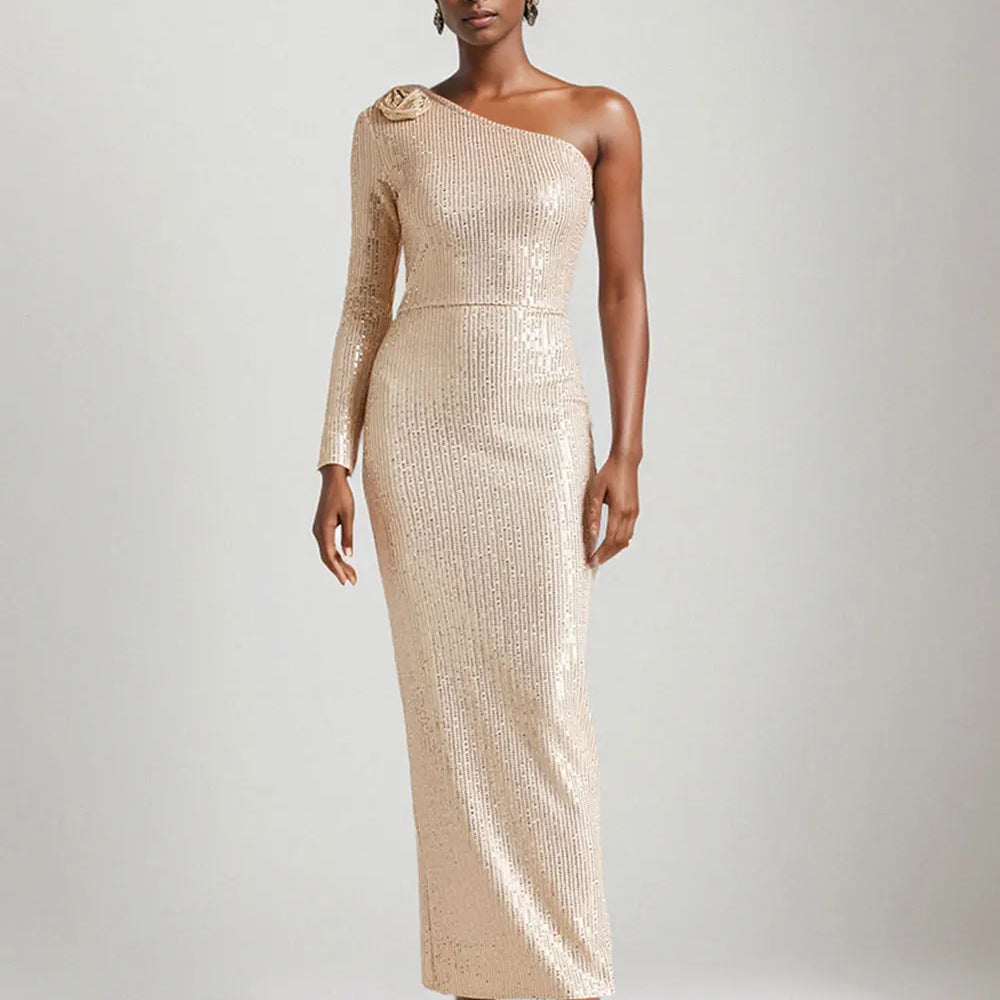 2024 Women's Light Luxury Glitter Dress with Diagonal Collar Single Shoulder Sleeve 3D Flower Decoration Bodycon Long Dresses