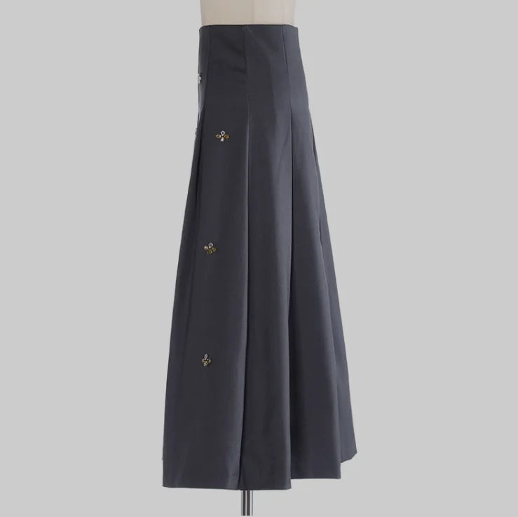 Spring Women French Style Luxury Rhinestone Beading Lady Solid Long Pleated Skirt
