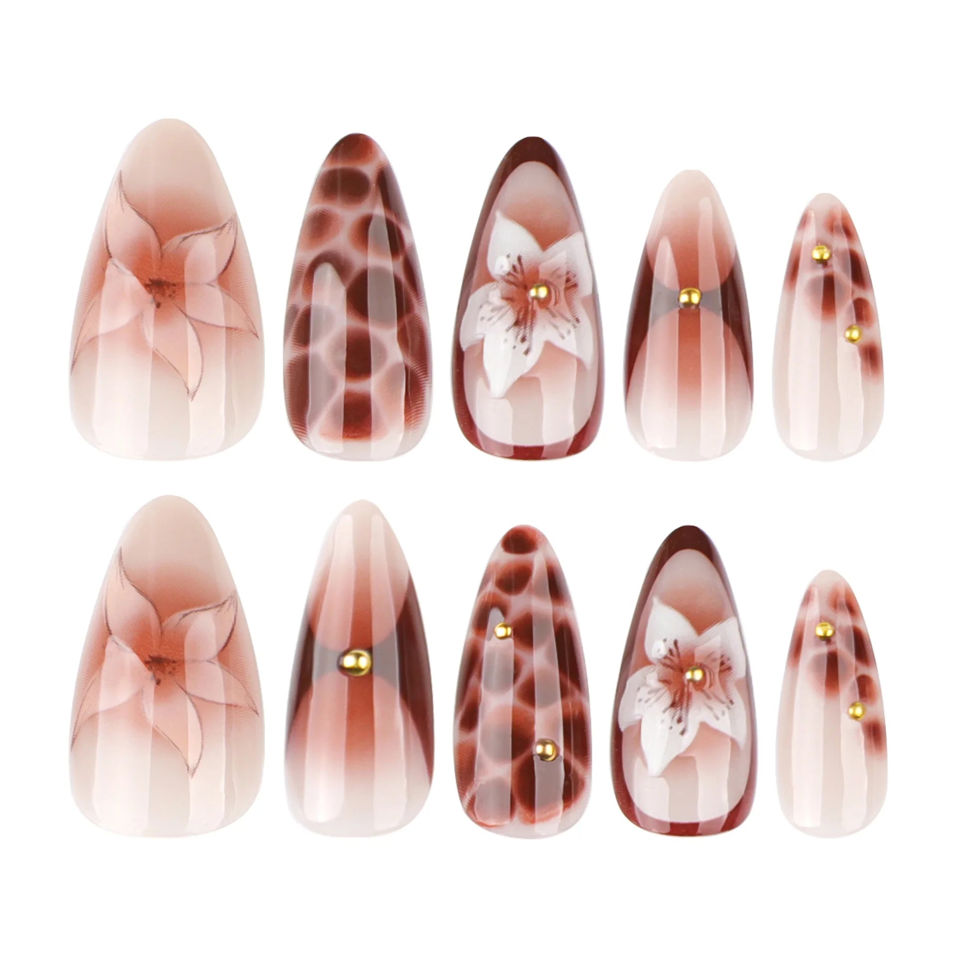 24pcs Retro Almond Press On Nails Brown Marble Cracks Ice Flower Printed False Nails European Wearable French Style Fake Nail