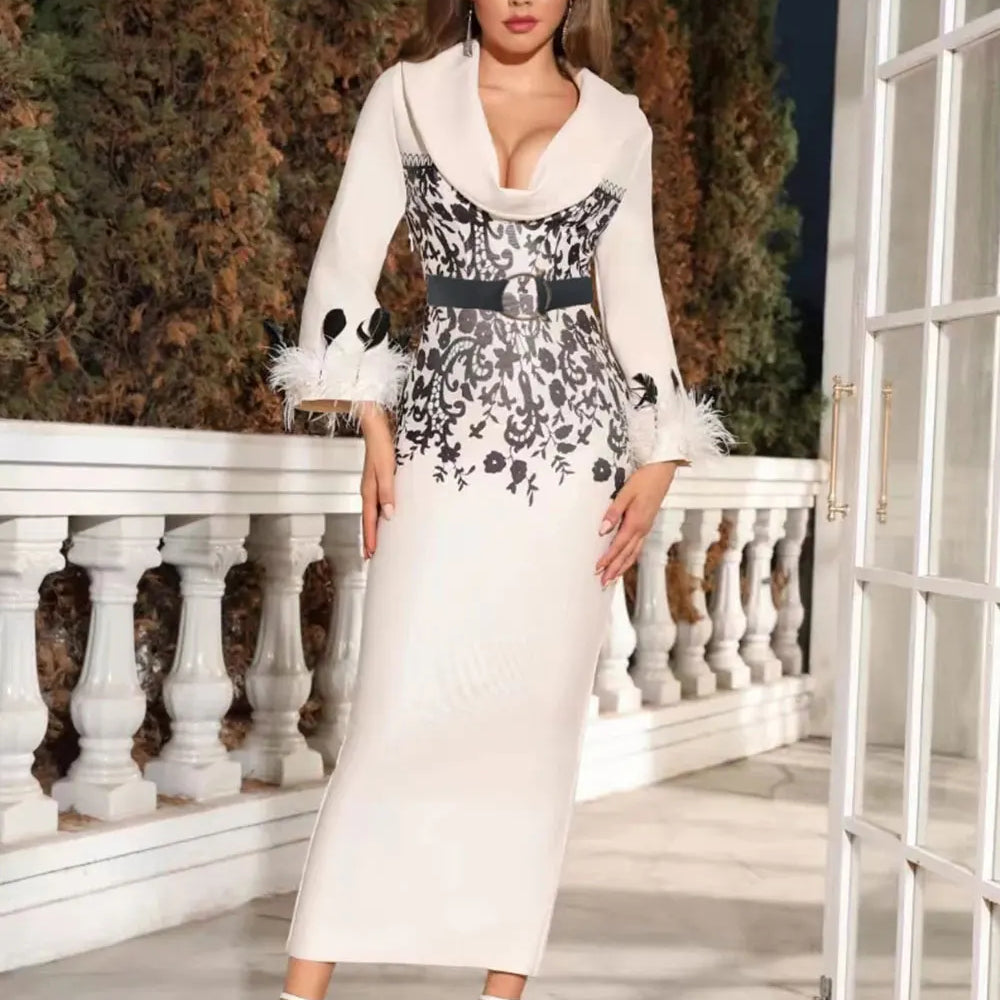 2024 Elegant Women's Long Bandage Dresses with Polo Collar Long Sleeves Feather Decoration Bodycon Print Design Dress+Belt